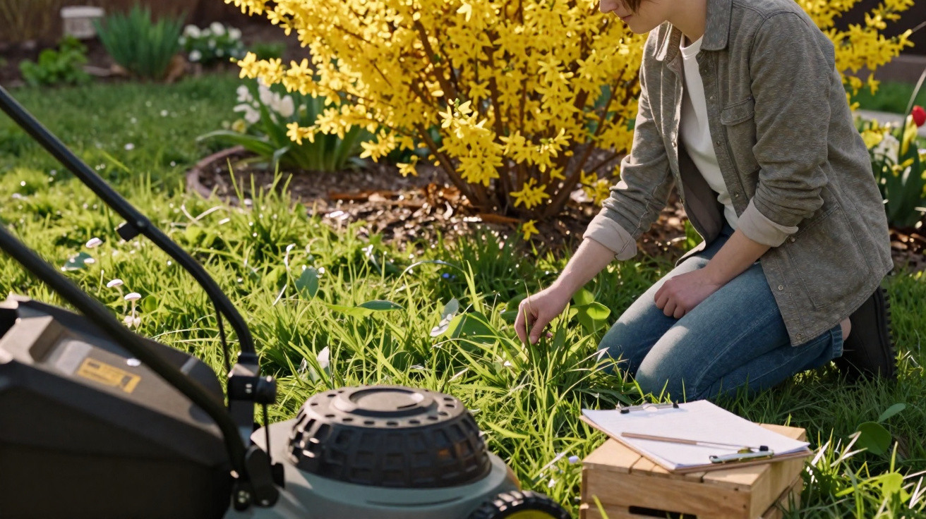 Person kneeling on grass next to a lawn mower, trimming weeds in a garden with yellow flowering bushes.