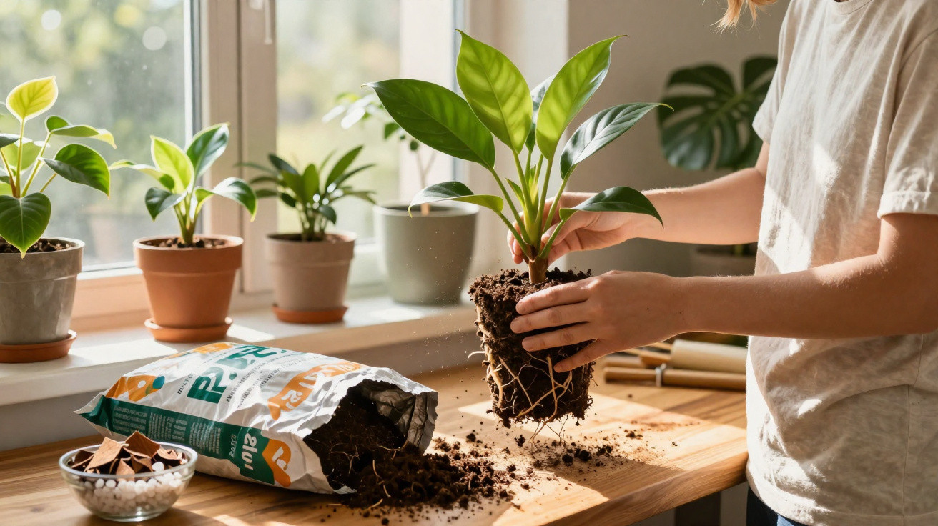 Person repotting a green plant indoors on a wooden table with soil and other plants on a sunny windowsill.