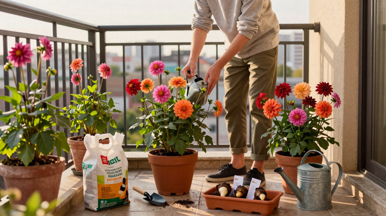 Person watering vibrant potted flowers on a sunny balcony with gardening tools and soil nearby.