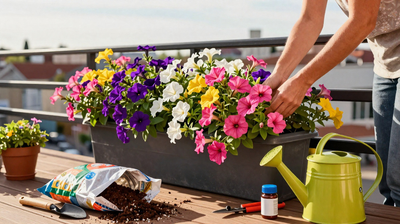 Hands tending colourful petunias in a balcony planter with gardening tools, compost, and a green watering can nearby.