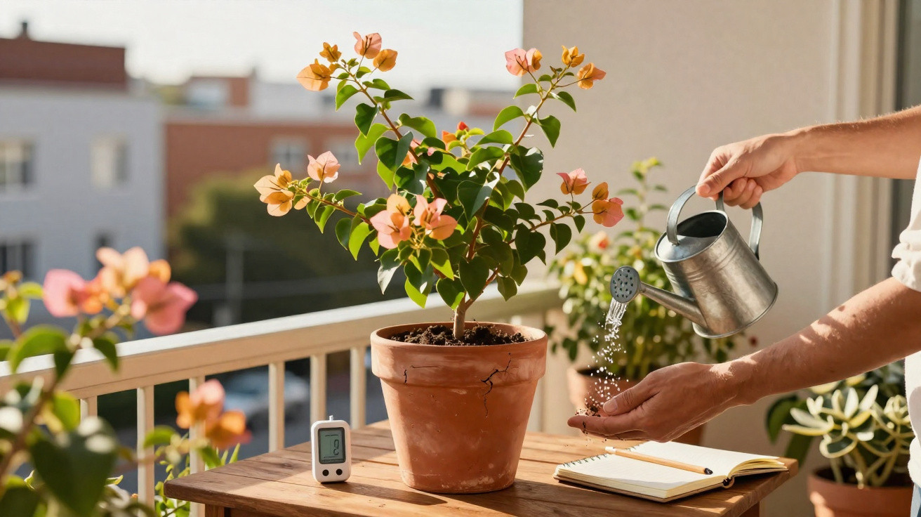 Person watering a flowering plant on a wooden balcony table with a digital hygrometer and notebook nearby.