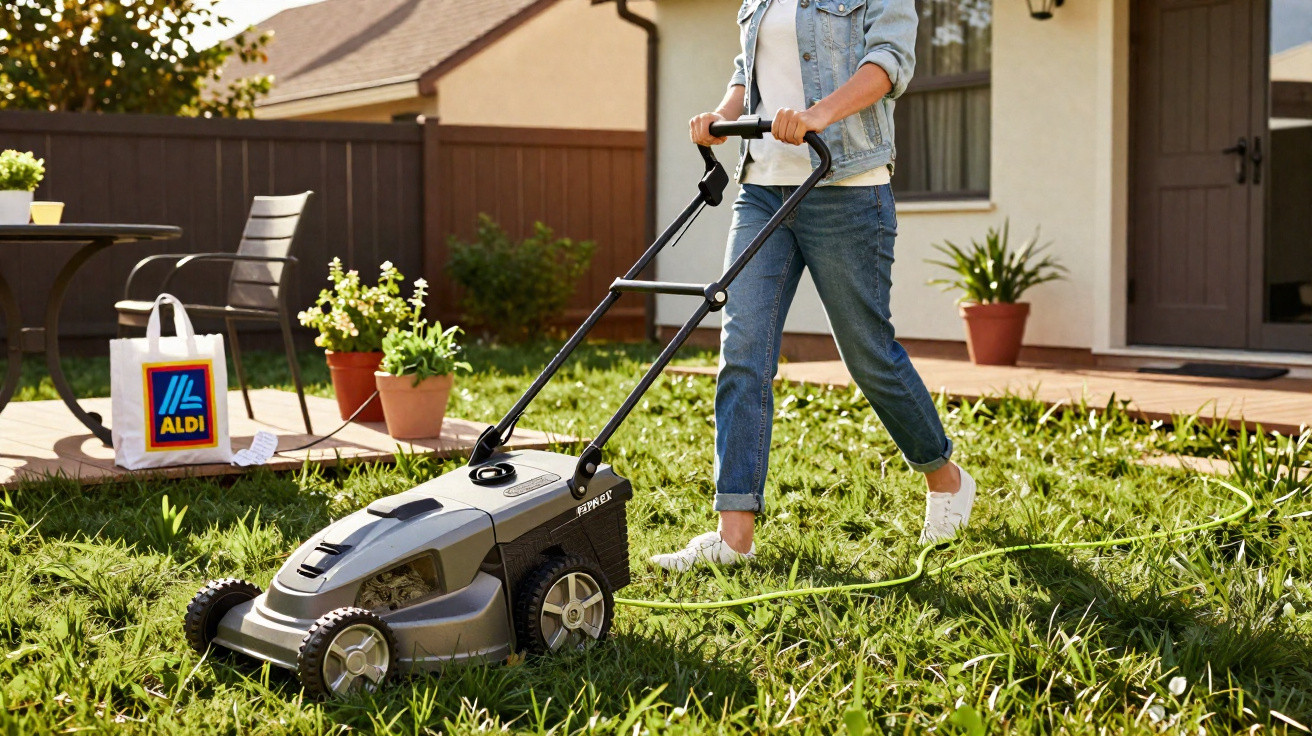 Person pushing an electric lawn mower on a grassy lawn outside a suburban home.
