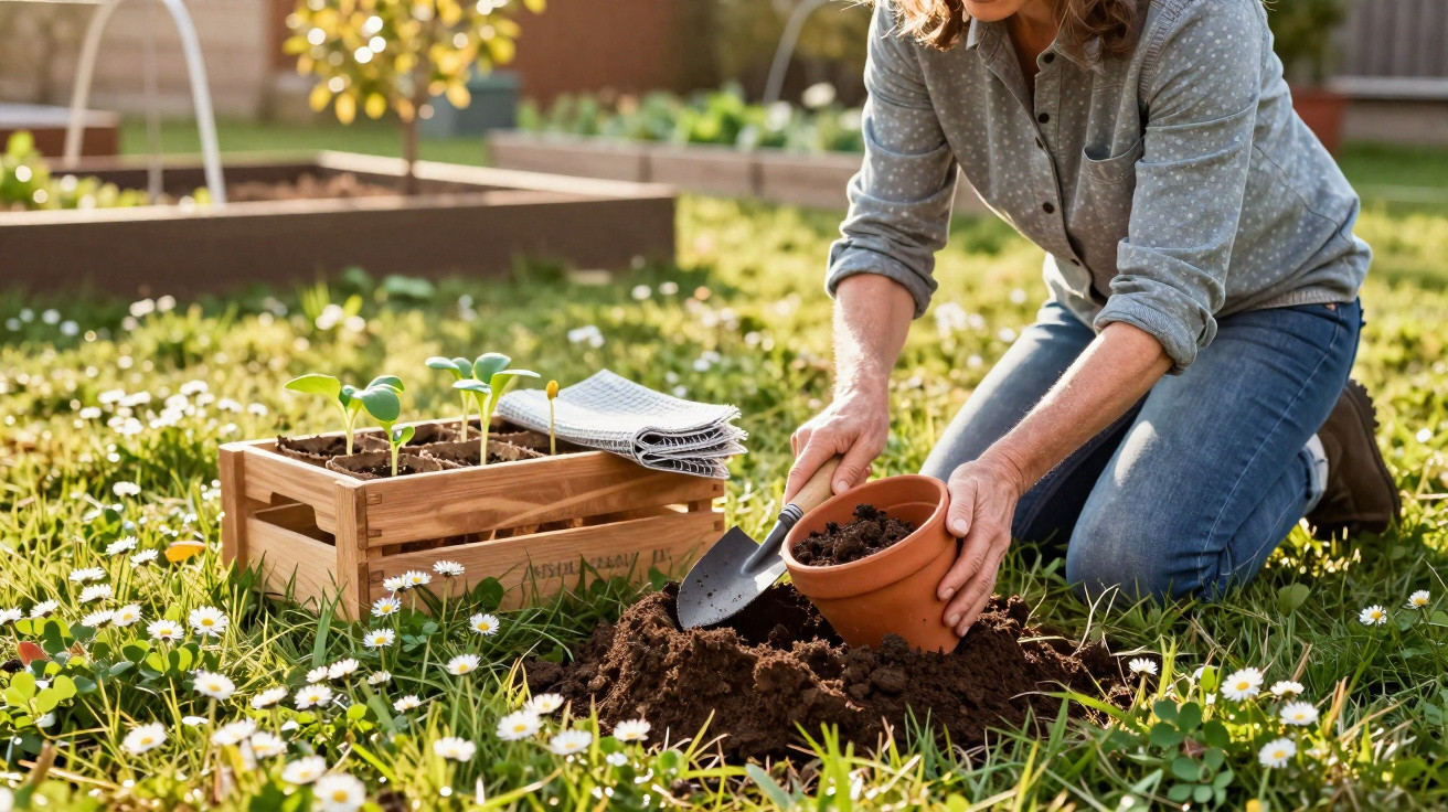 Person gardening outdoors, filling a terracotta pot with soil on a grassy patch with daisies.