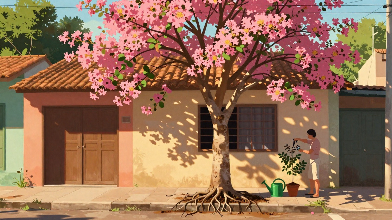 A person watering a plant under a blooming pink tree in front of a sunlit house with a tiled roof.