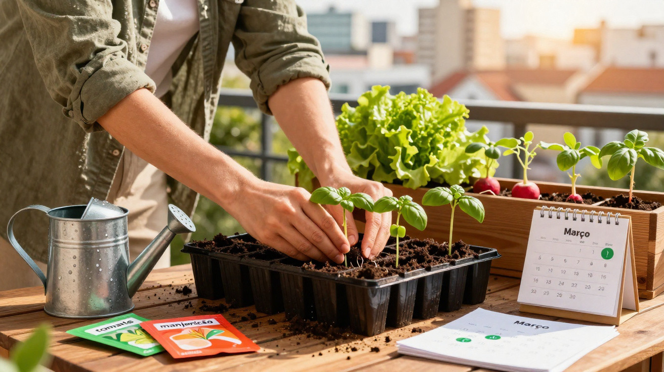 Hands planting basil seedlings in trays on a balcony with watering can, seed packets, lettuce, radishes and a calendar.