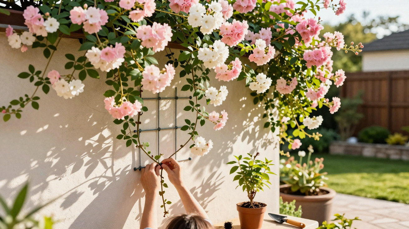 Person tying pink and white climbing roses to a wall trellis in a sunny garden patio.