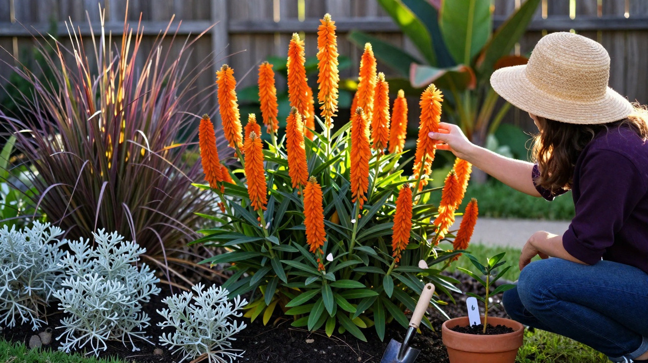 Person wearing a straw hat tending to tall orange flowers in a garden bed with gardening tools nearby