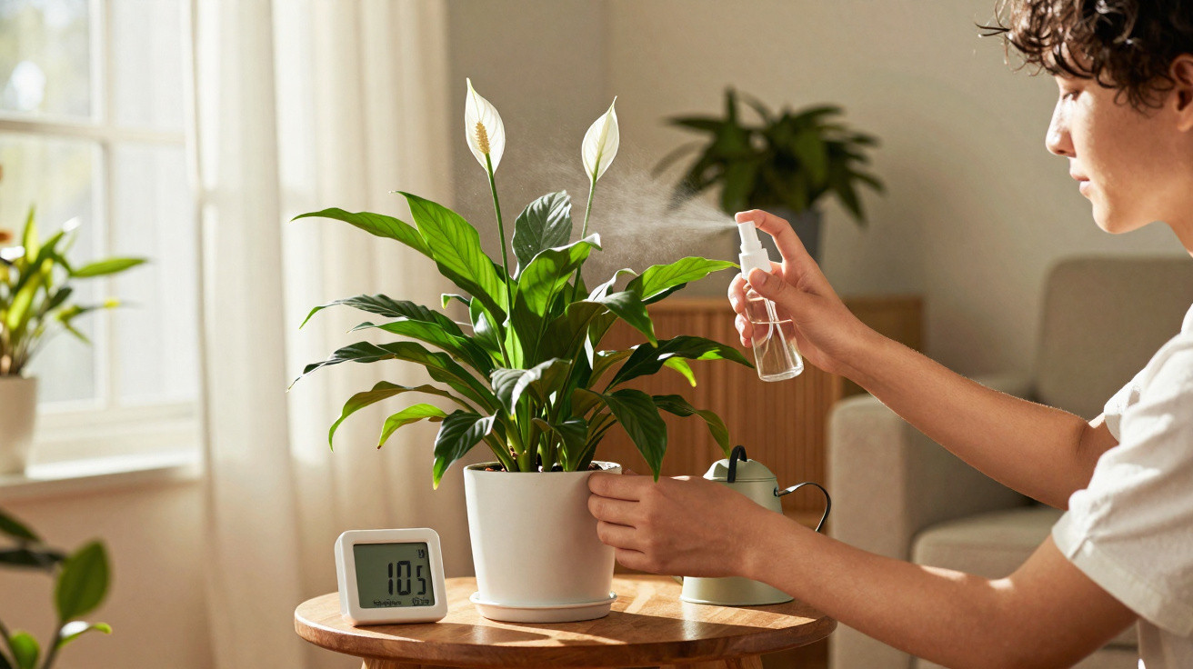 Person spraying water mist on a white potted peace lily plant on a wooden table by a window.
