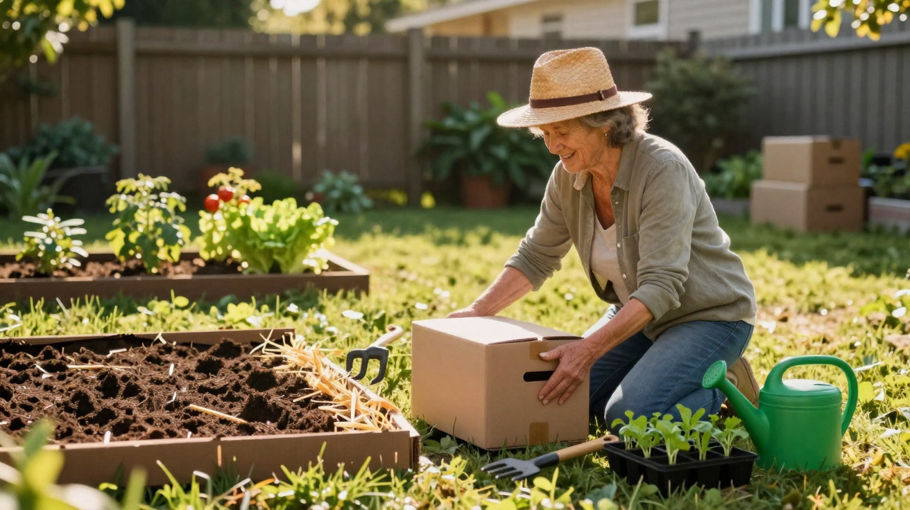Older woman wearing a straw hat gardening, planting seedlings, and holding a cardboard box in a sunlit backyard.