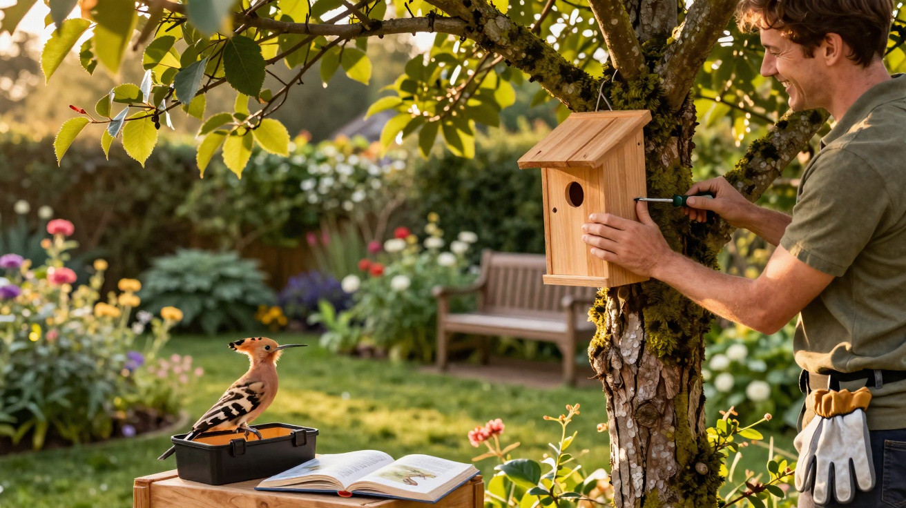Man attaching a wooden birdhouse to a tree while a hoopoe bird sits nearby on a table in a colourful garden.