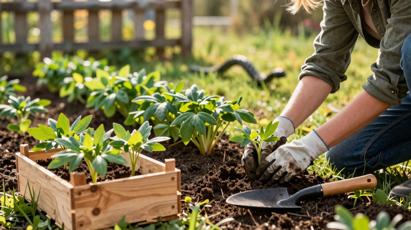 Person wearing gloves planting young green plants in garden soil with a wooden crate and gardening trowel nearby.