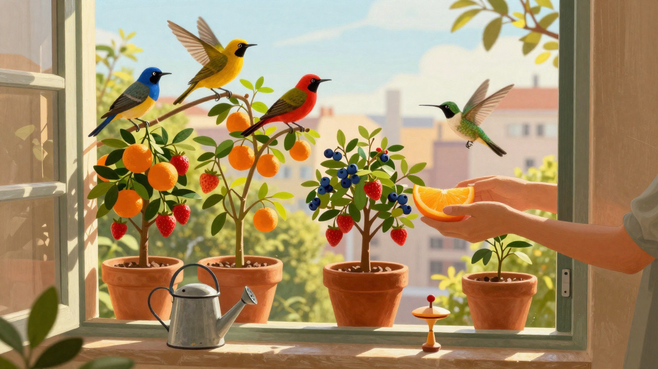 Colourful birds perched on fruiting plants by an open window, with hands offering an orange slice to a hummingbird.