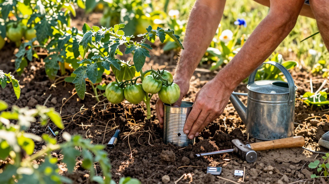 Hands placing a tin can around a tomato plant in a garden with gardening tools and a watering can nearby.