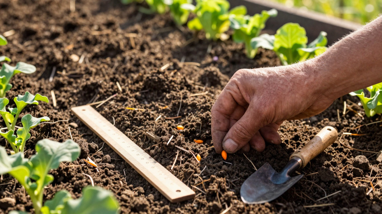 Hand planting orange seeds in soil beside a wooden ruler and small gardening trowel in a vegetable bed.