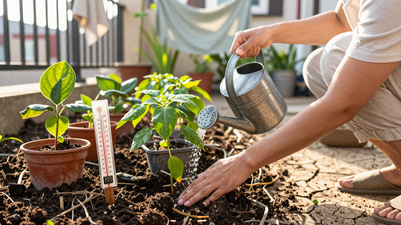 Person watering young plants with a metal watering can in a sunlit indoor garden with a soil thermometer.