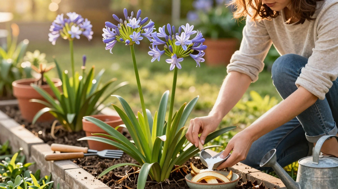 Person planting purple agapanthus flowers in a garden bed during golden hour sunlight