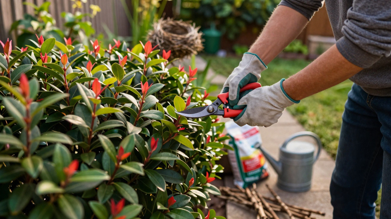Person wearing gloves pruning green and red-leafed shrubs in a garden with gardening tools nearby.