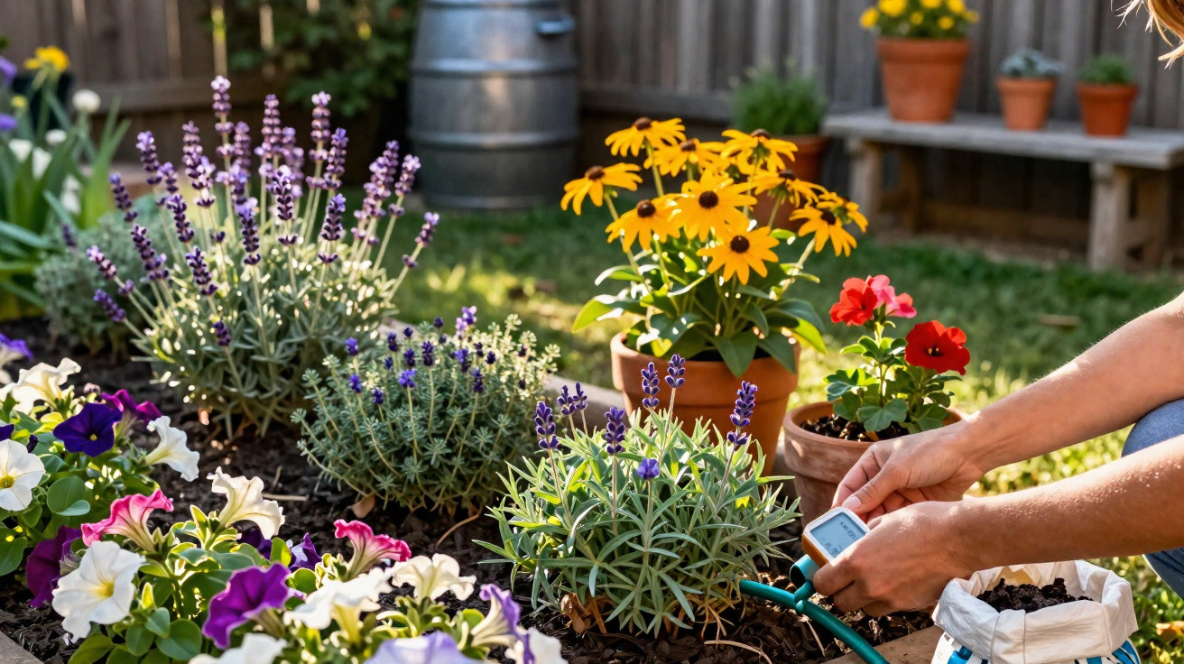 Person using a soil moisture meter in a colourful flower garden with lavender and potted yellow and red flowers.