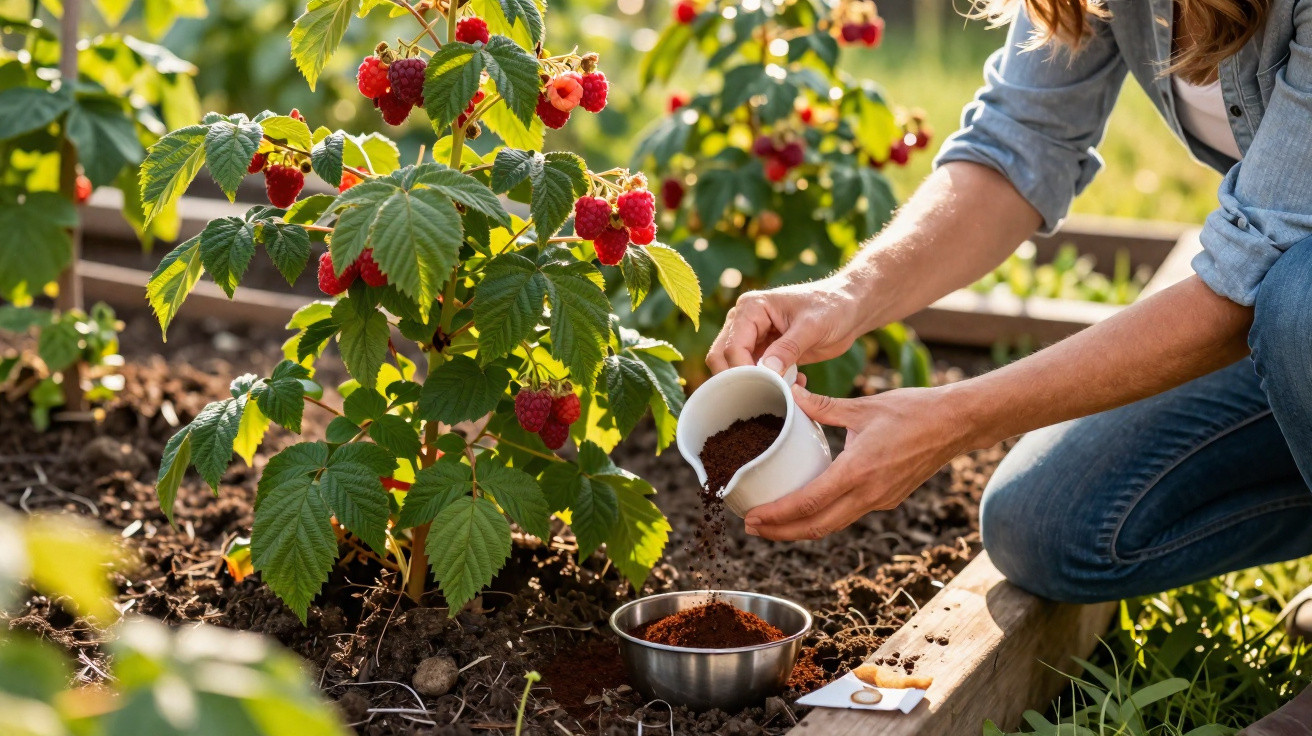 Person sprinkling coffee grounds near a raspberry plant in a garden bed on a sunny day.