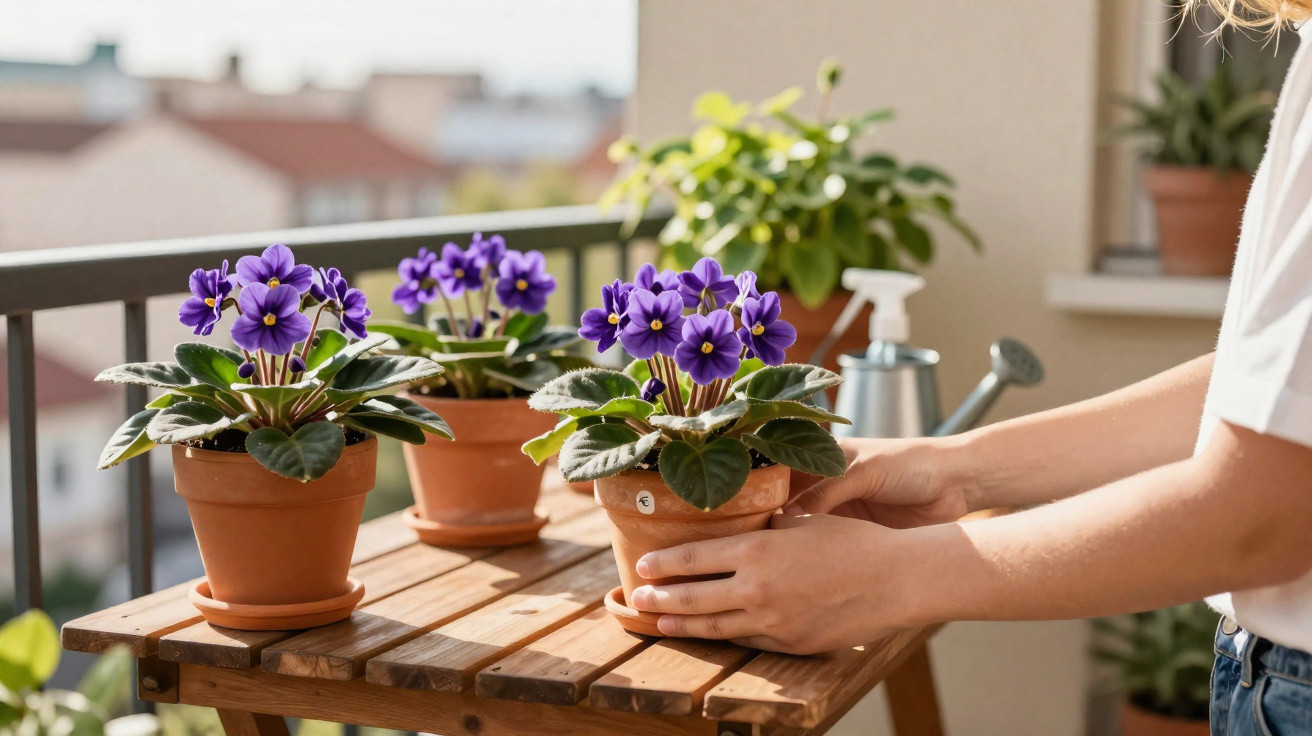 Hands arranging a pot of purple African violets on a wooden table on a sunny balcony.