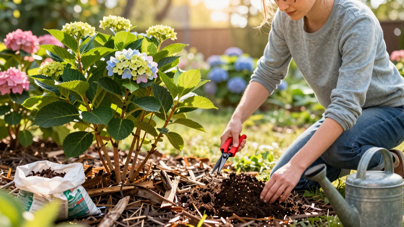 Person kneeling in garden using pruning shears near blooming hydrangea plants and a watering can.