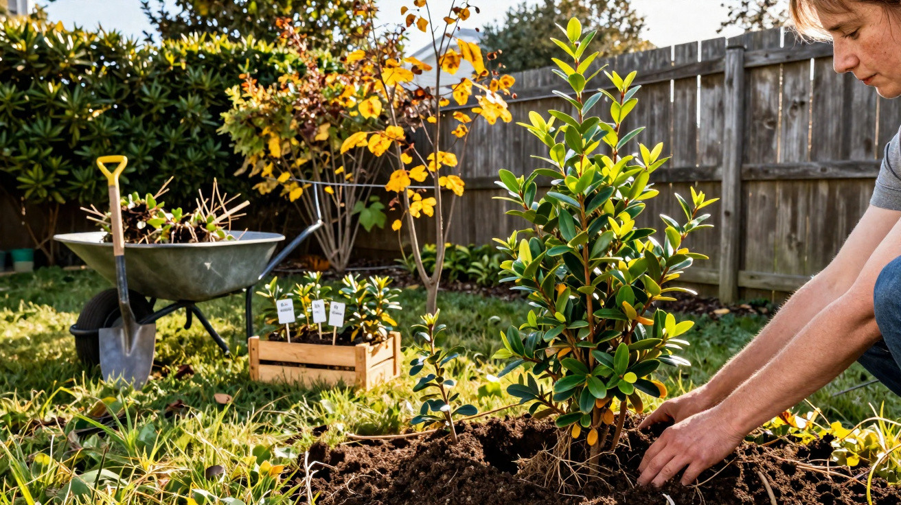 Person planting a young shrub in a garden with wheelbarrow and plants in the background on a sunny day.