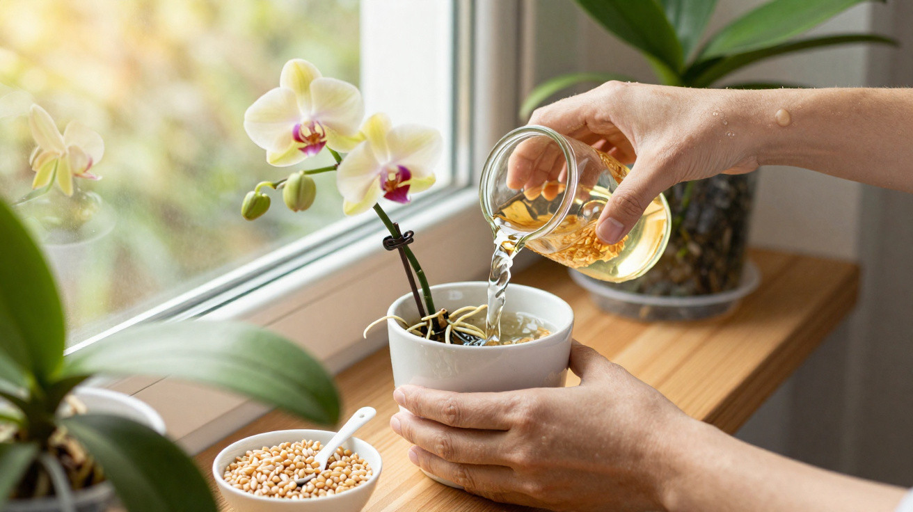 Hand pouring water from a glass onto an orchid plant in a white pot on a windowsill.