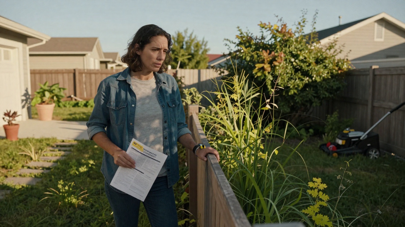 Woman in casual clothes holding a paper, standing in a garden next to a wooden fence, looking concerned.