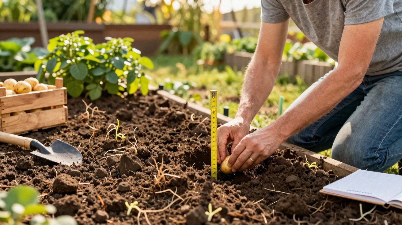 Person planting a potato in garden soil next to a measuring tape and a crate of potatoes.
