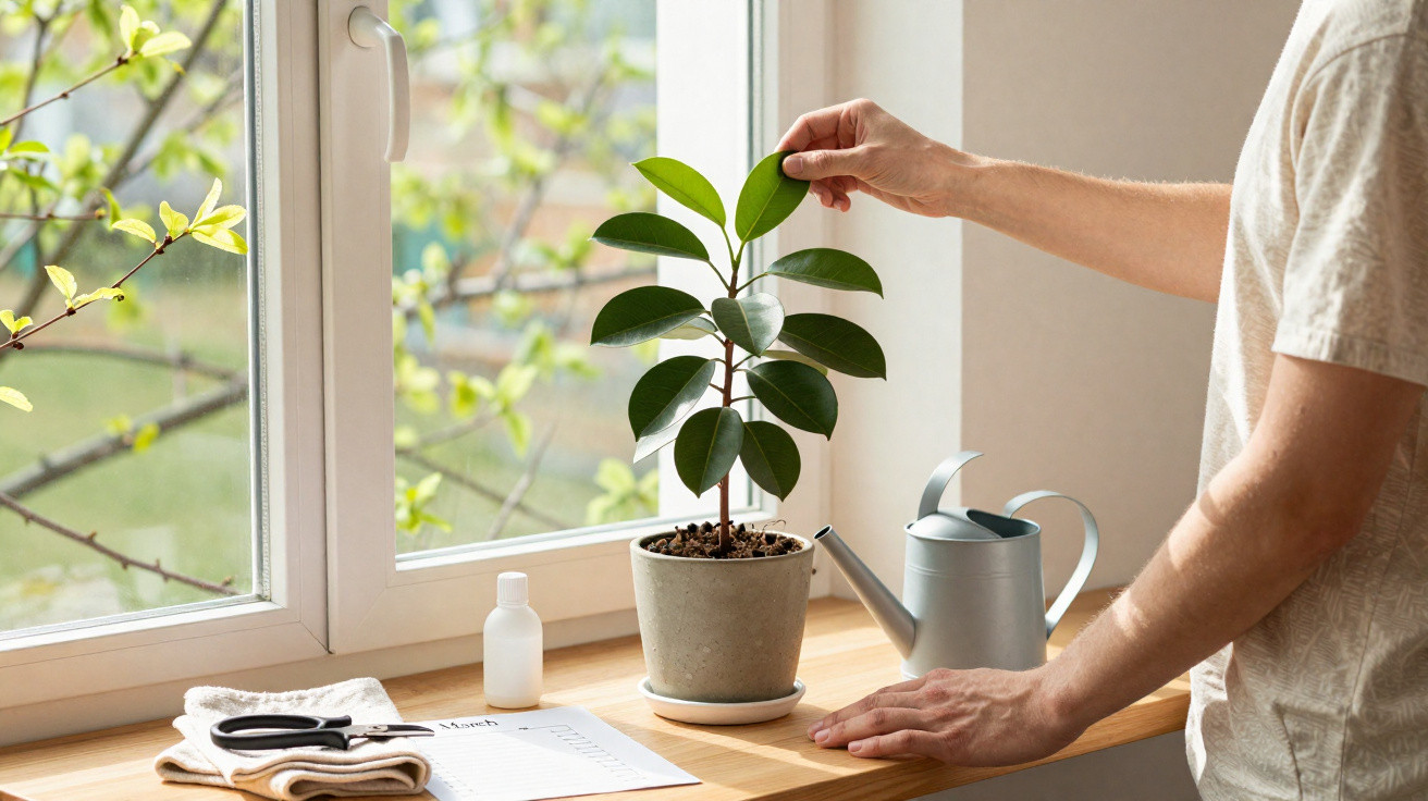 Person tending to a potted plant on a wooden windowsill next to a watering can and gardening tools.