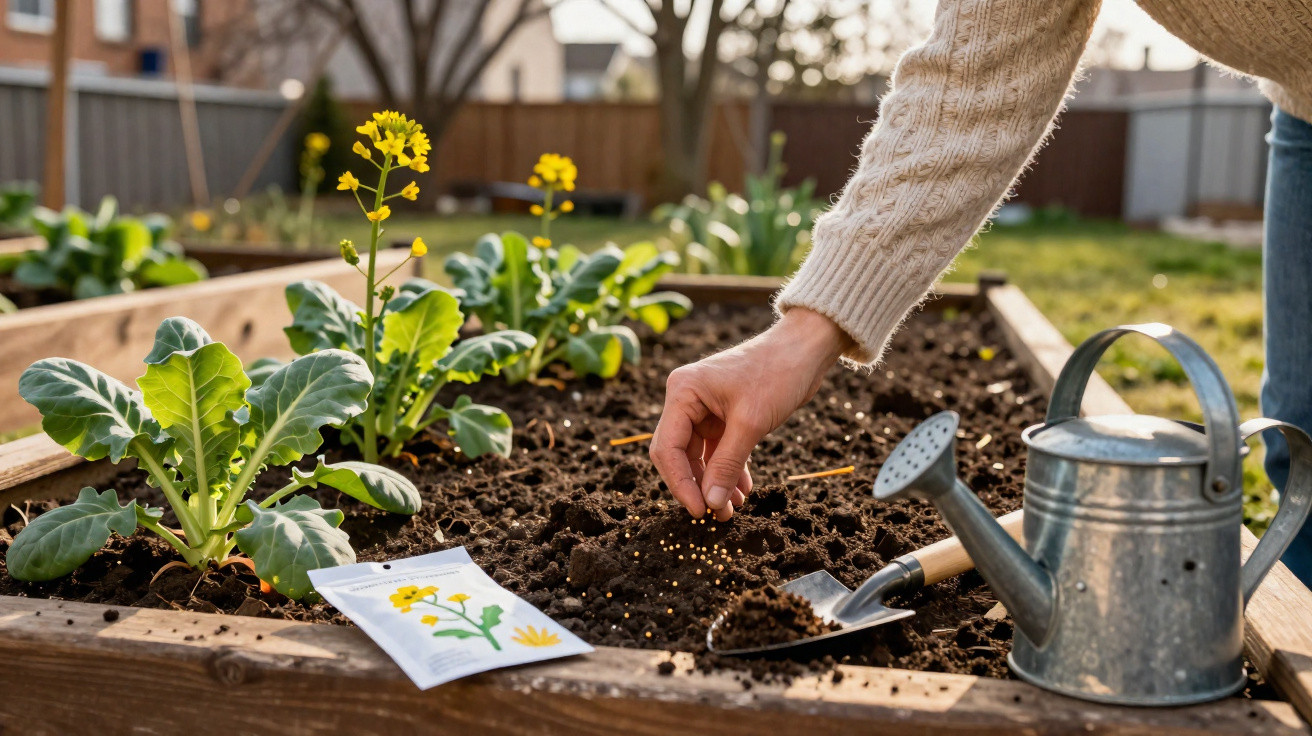 Hand planting seeds in a raised garden bed with vegetable plants, a watering can, and a seed packet nearby.