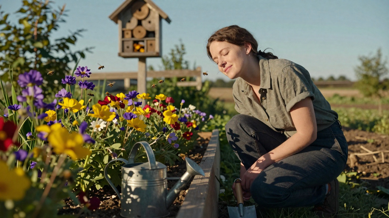 Woman enjoying scent of flowers while gardening near watering can and bee hotel on sunny day