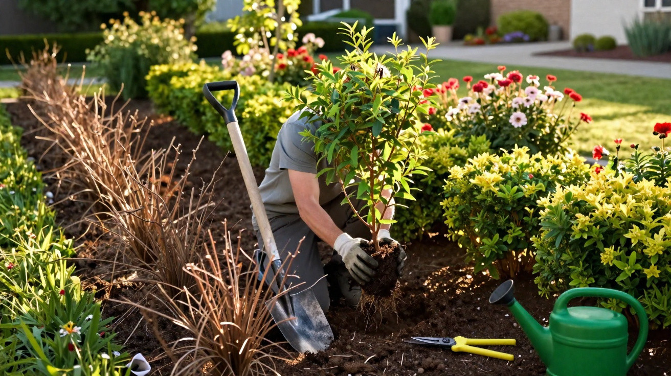 Person planting a young shrub in a garden bed surrounded by flowers with gardening tools nearby.