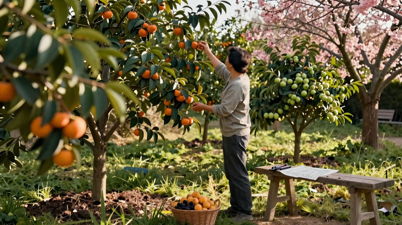 Person picking ripe oranges from a tree in a garden with flowering and fruiting trees nearby.