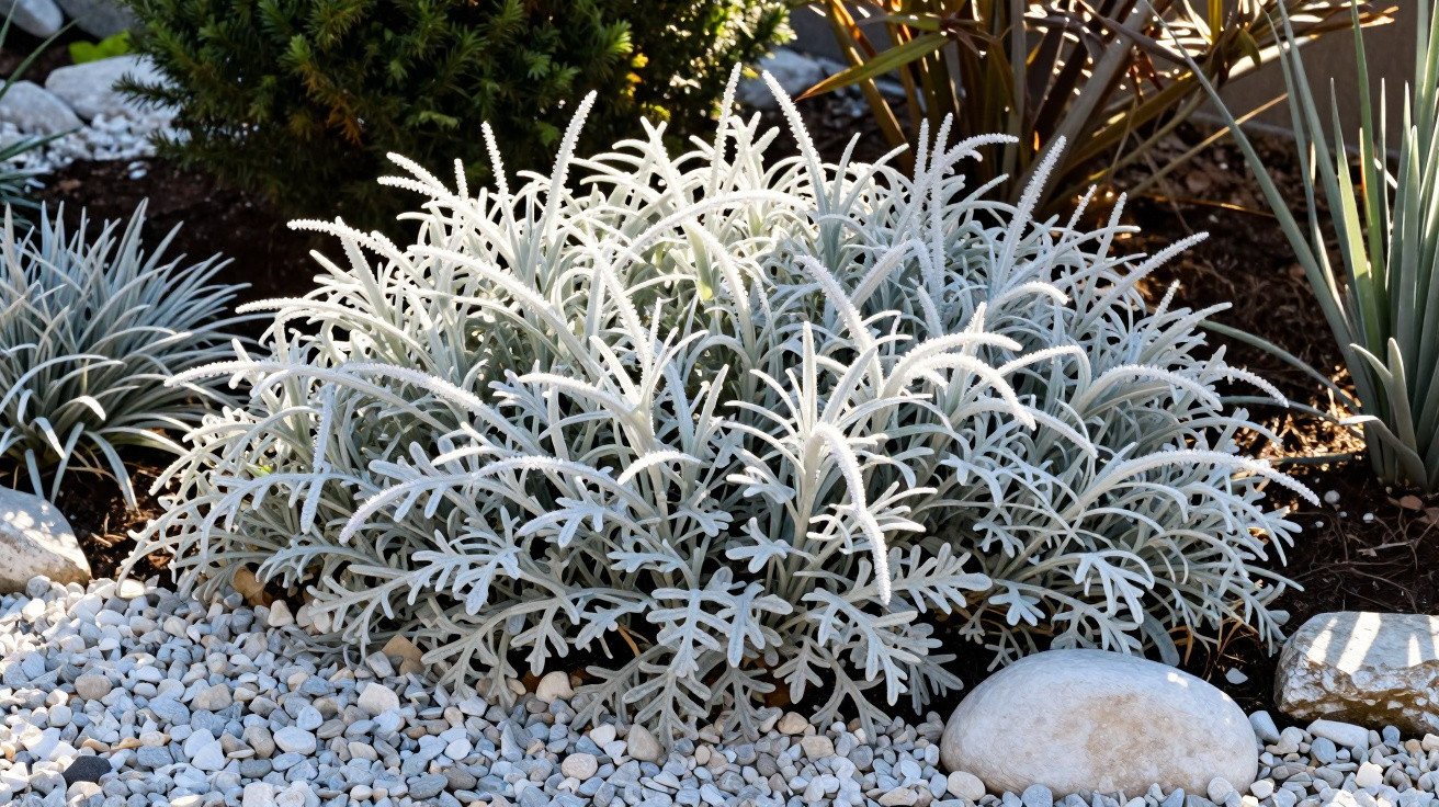 Silver dusty miller plant with white gravel and smooth stones in a sunlit garden bed.