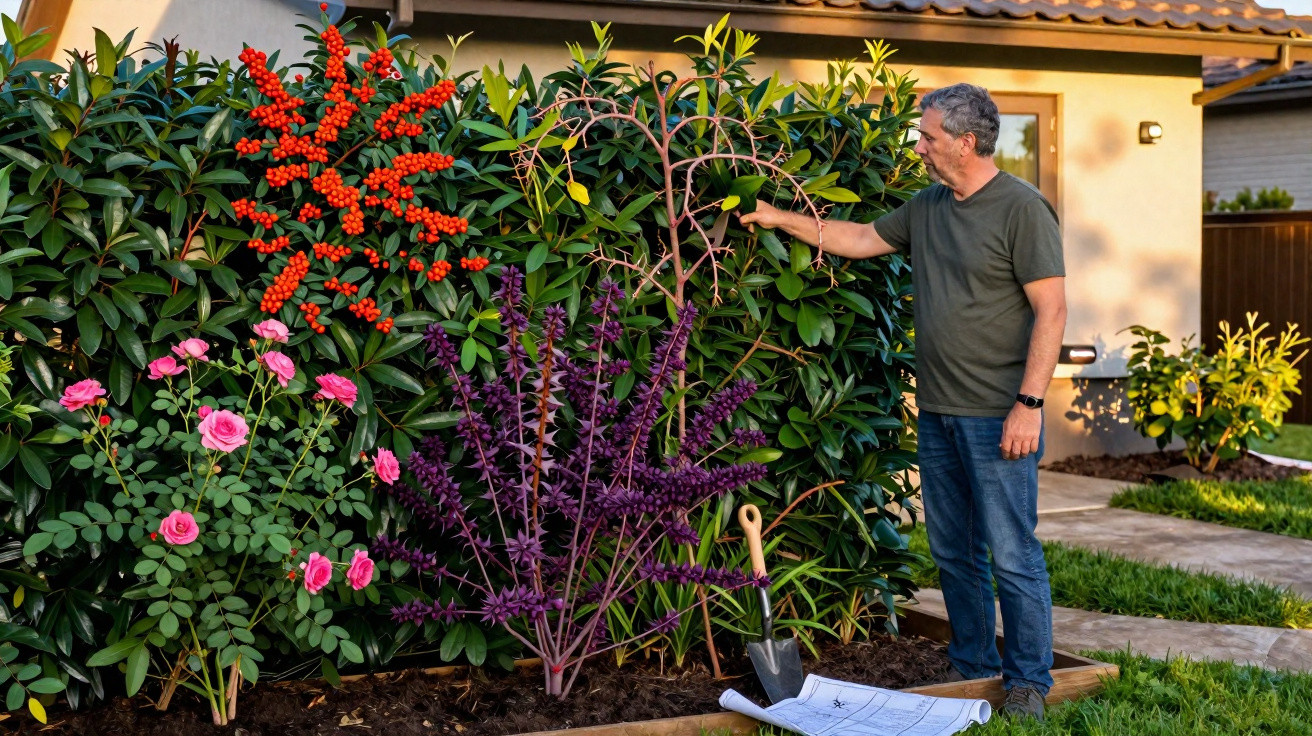 Man inspecting a colourful garden with red berries, pink roses, and purple flowering plants near a house.