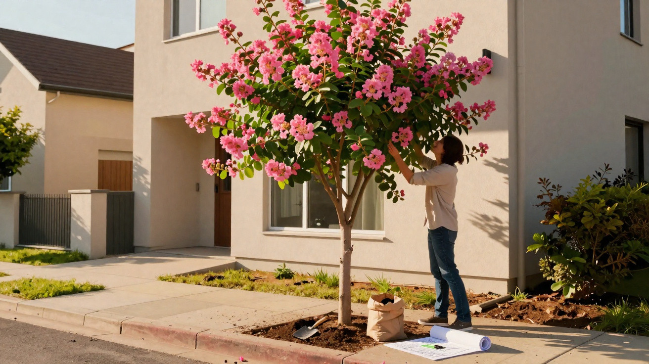 Person tending to a small tree with pink flowers in front of a modern house on a sunny day.