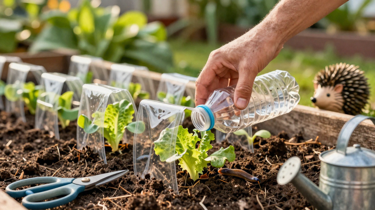 Hand watering lettuce seedlings protected by cut plastic bottles in a garden bed with gardening tools nearby.