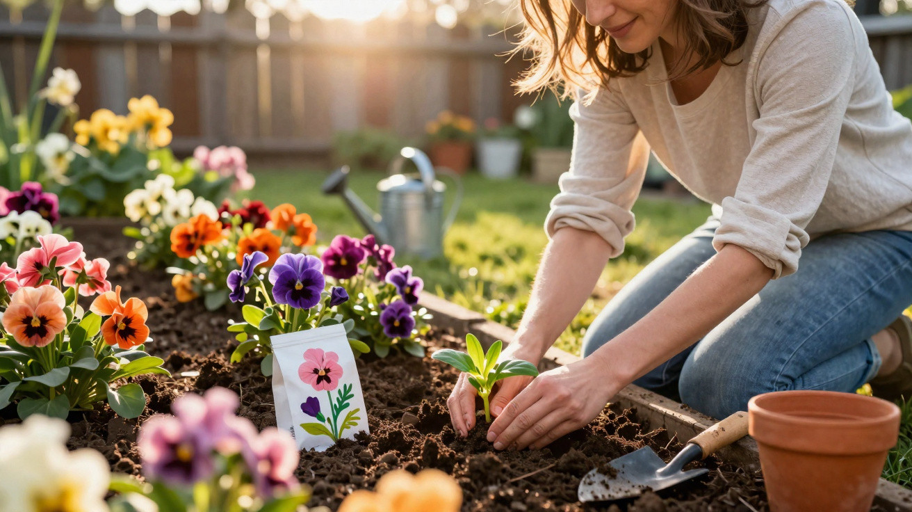 Woman planting seedlings in a garden bed surrounded by pansy flowers at sunset.