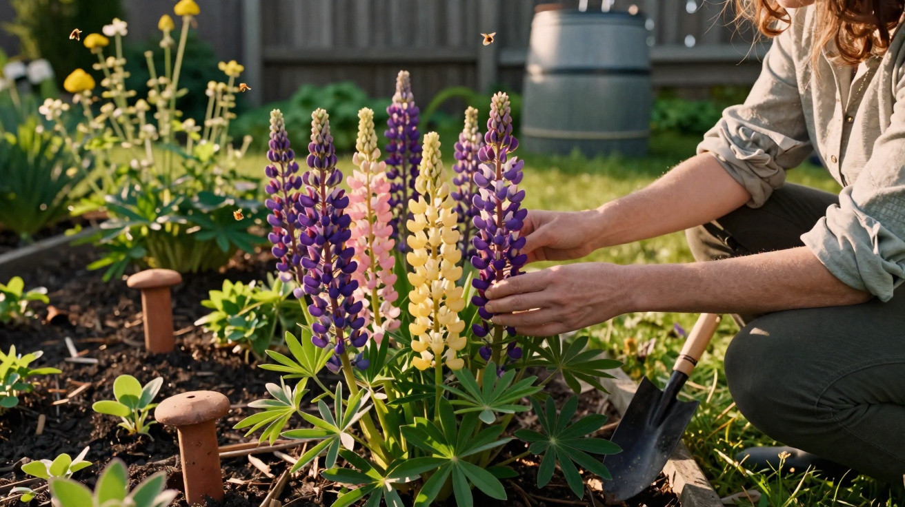 Person tending to purple, pink, and yellow lupine flowers in a garden on a sunny day with bees flying nearby.