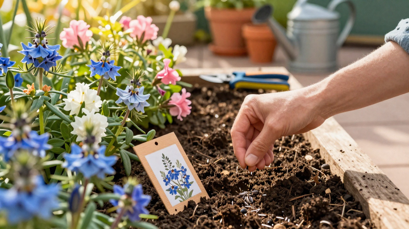 Person planting seeds in soil beside colourful blue and pink flowers in a garden bed with gardening tools nearby