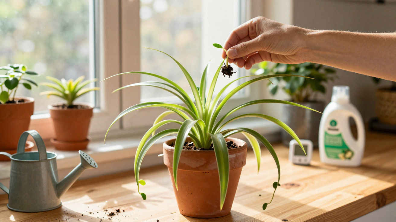 Hand sprinkling soil onto a spider plant in a terracotta pot on a wooden table near a window.