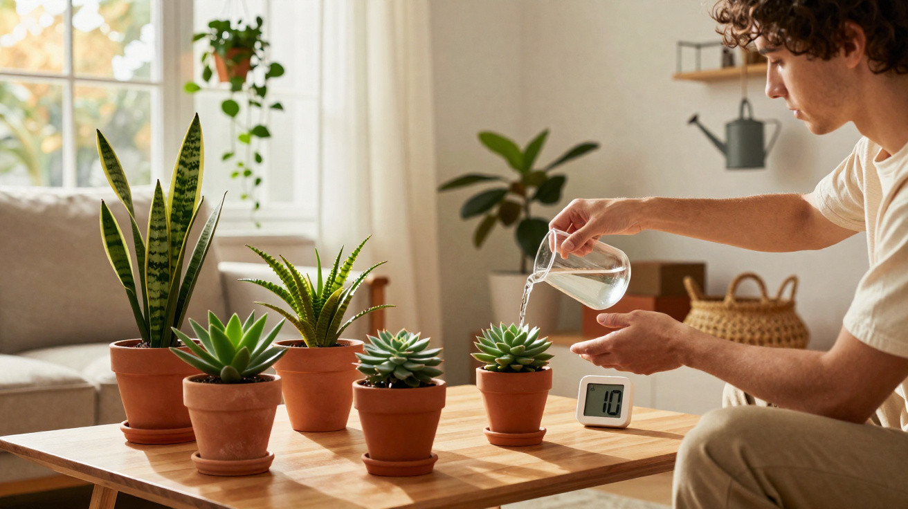 Person watering succulent plants in terracotta pots on a wooden table in a bright living room.