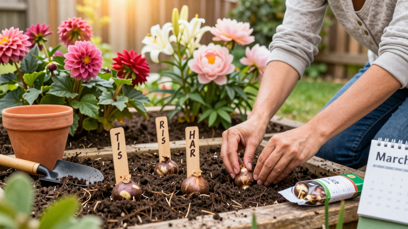 Person planting flower bulbs in a garden bed labelled with tags, surrounded by colourful blooming flowers.