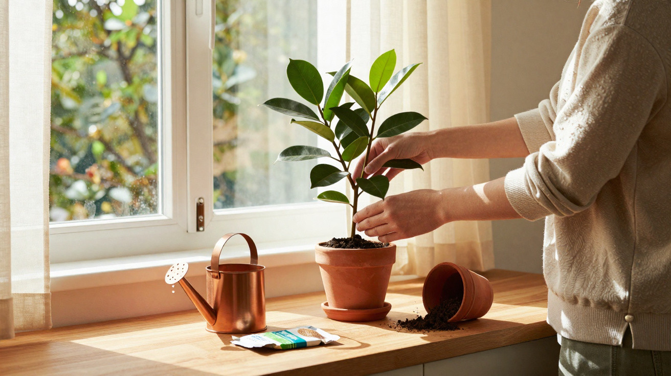 Person caring for a potted plant on a windowsill with a watering can and spilled soil pot nearby.