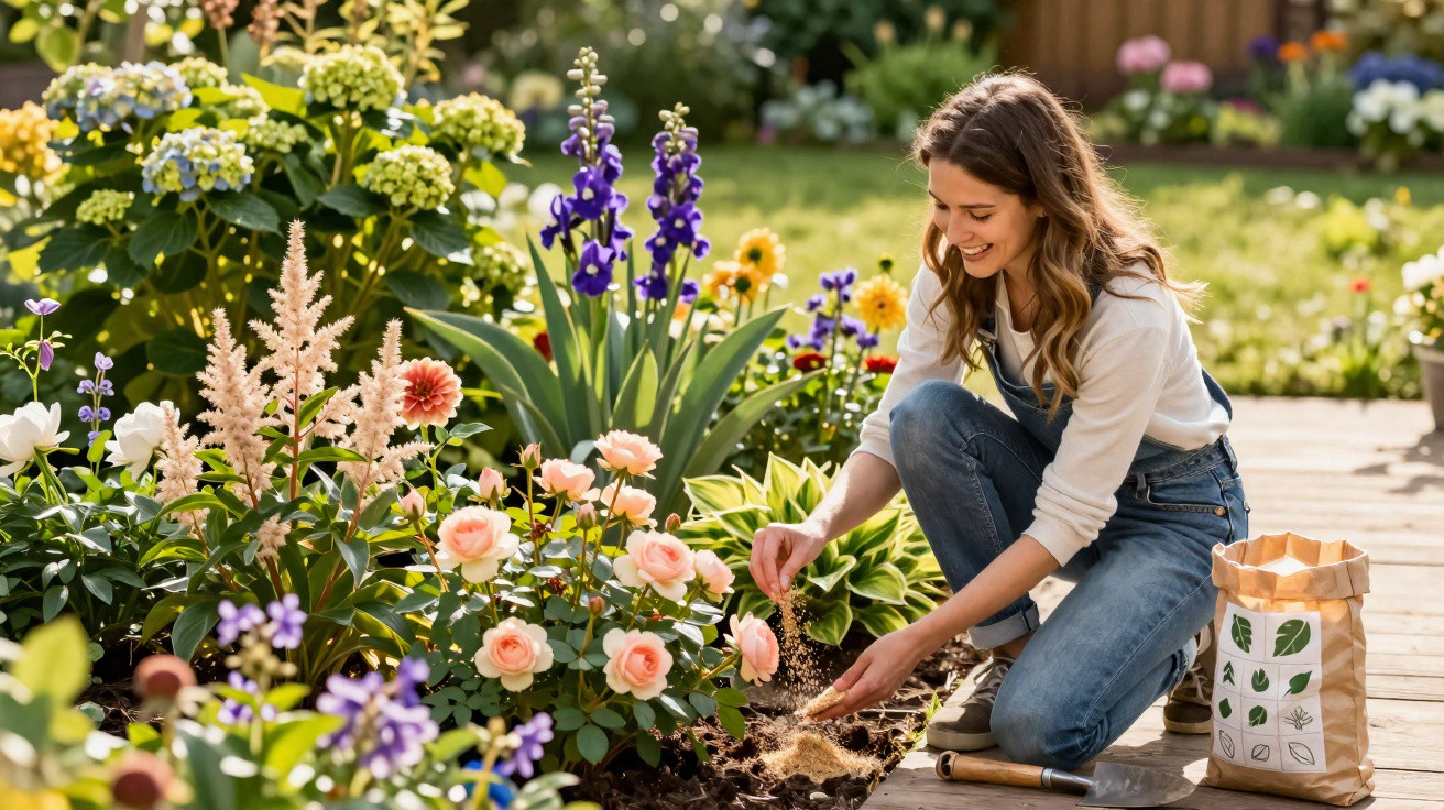 Woman in overalls gardening, planting flowers in a colourful flowerbed on a sunny day.