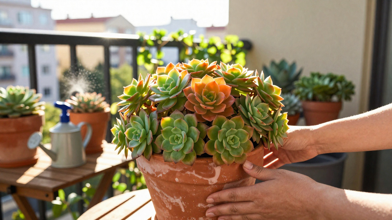 Hands holding a terracotta pot with vibrant green and orange succulent plants on a sunny balcony table.