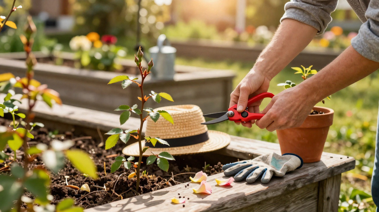Hands using pruning shears to trim a young rose plant in a raised garden bed with gardening gloves and hat nearby.