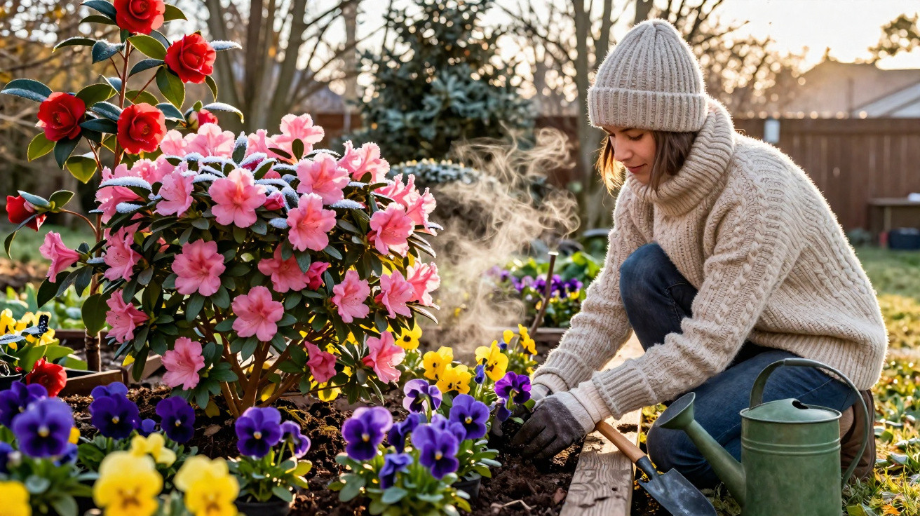 Woman in knitwear gardening among colourful flowers with steaming soil in a raised bed at sunrise.