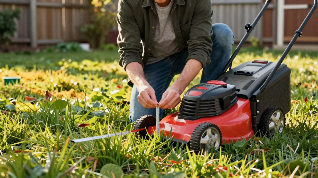 Person measuring grass height next to a red lawn mower in a sunlit garden.